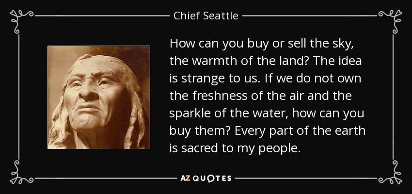 How can you buy or sell the sky, the warmth of the land? The idea is strange to us. If we do not own the freshness of the air and the sparkle of the water, how can you buy them? Every part of the earth is sacred to my people. - Chief Seattle