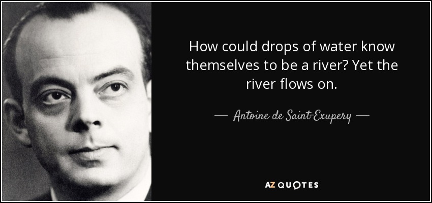 How could drops of water know themselves to be a river? Yet the river flows on. - Antoine de Saint-Exupery