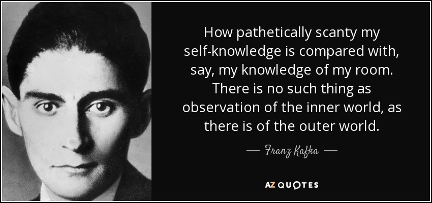 How pathetically scanty my self-knowledge is compared with, say, my knowledge of my room. There is no such thing as observation of the inner world, as there is of the outer world. - Franz Kafka