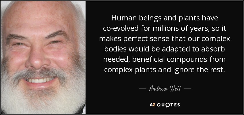Human beings and plants have co-evolved for millions of years, so it makes perfect sense that our complex bodies would be adapted to absorb needed, beneficial compounds from complex plants and ignore the rest. - Andrew Weil