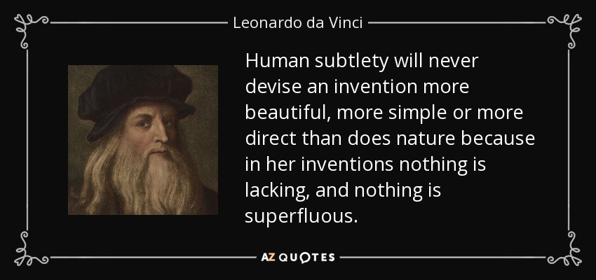 Human subtlety will never devise an invention more beautiful, more simple or more direct than does nature because in her inventions nothing is lacking, and nothing is superfluous. - Leonardo da Vinci