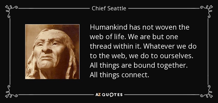 Humankind has not woven the web of life. We are but one thread within it. Whatever we do to the web, we do to ourselves. All things are bound together. All things connect. - Chief Seattle