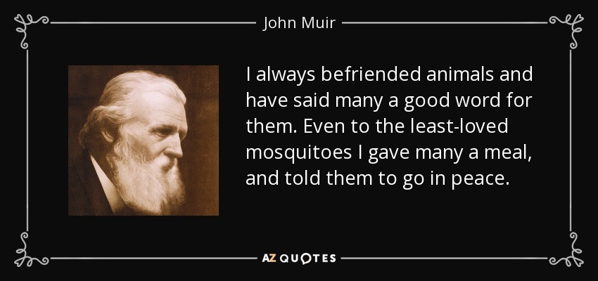 I always befriended animals and have said many a good word for them. Even to the least-loved mosquitoes I gave many a meal, and told them to go in peace. - John Muir