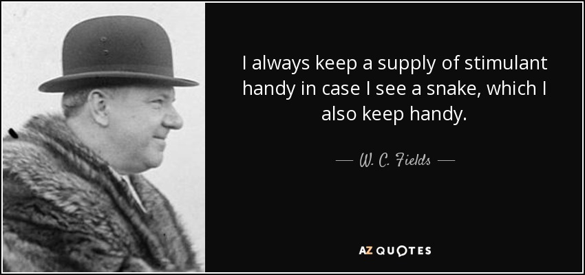 I always keep a supply of stimulant handy in case I see a snake, which I also keep handy. - W. C. Fields