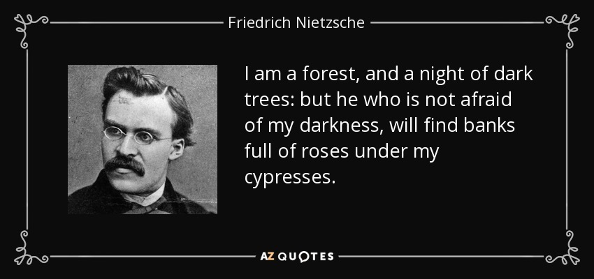 I am a forest, and a night of dark trees: but he who is not afraid of my darkness, will find banks full of roses under my cypresses. - Friedrich Nietzsche