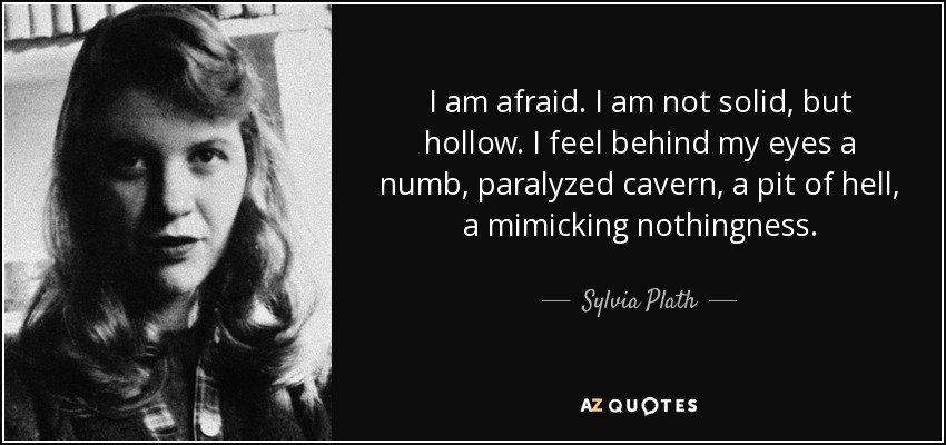 I am afraid. I am not solid, but hollow. I feel behind my eyes a numb, paralyzed cavern, a pit of hell, a mimicking nothingness. - Sylvia Plath