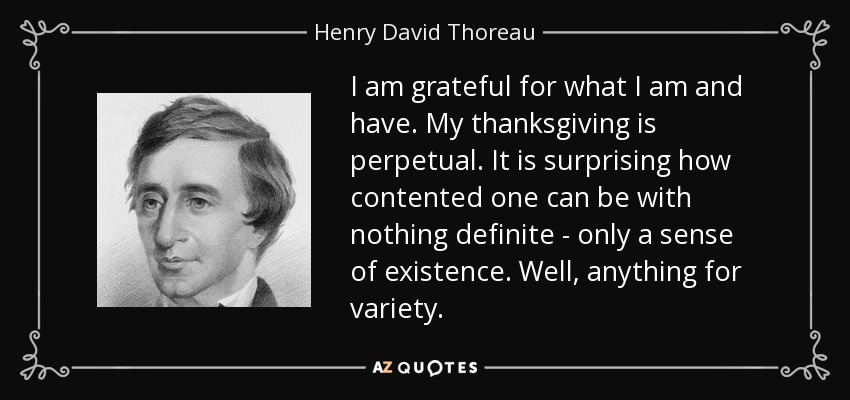 I am grateful for what I am and have. My thanksgiving is perpetual. It is surprising how contented one can be with nothing definite - only a sense of existence. Well, anything for variety. - Henry David Thoreau