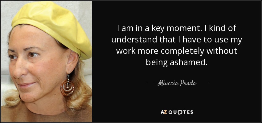 I am in a key moment. I kind of understand that I have to use my work more completely without being ashamed. - Miuccia Prada