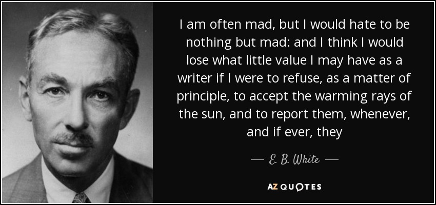 I am often mad, but I would hate to be nothing but mad: and I think I would lose what little value I may have as a writer if I were to refuse, as a matter of principle, to accept the warming rays of the sun, and to report them, whenever, and if ever, they - E. B. White
