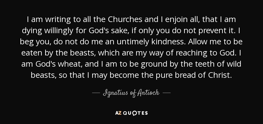 I am writing to all the Churches and I enjoin all, that I am dying willingly for God's sake, if only you do not prevent it. I beg you, do not do me an untimely kindness. Allow me to be eaten by the beasts, which are my way of reaching to God. I am God's wheat, and I am to be ground by the teeth of wild beasts, so that I may become the pure bread of Christ. - Ignatius of Antioch