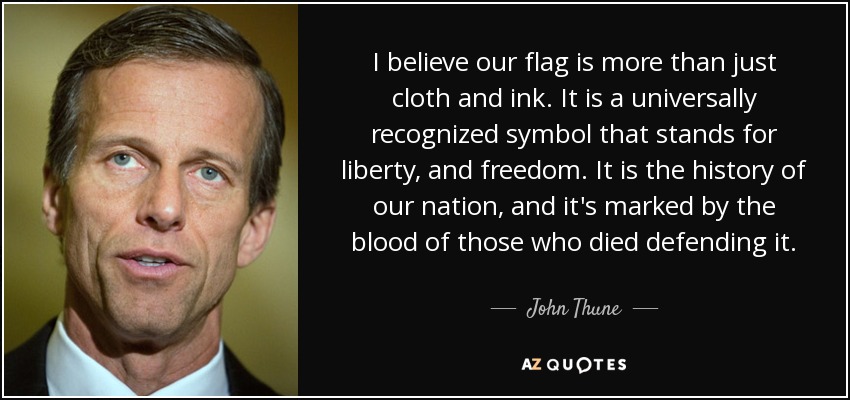 I believe our flag is more than just cloth and ink. It is a universally recognized symbol that stands for liberty, and freedom. It is the history of our nation, and it's marked by the blood of those who died defending it. - John Thune