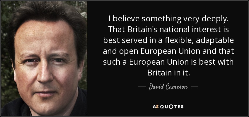 I believe something very deeply. That Britain's national interest is best served in a flexible, adaptable and open European Union and that such a European Union is best with Britain in it. - David Cameron