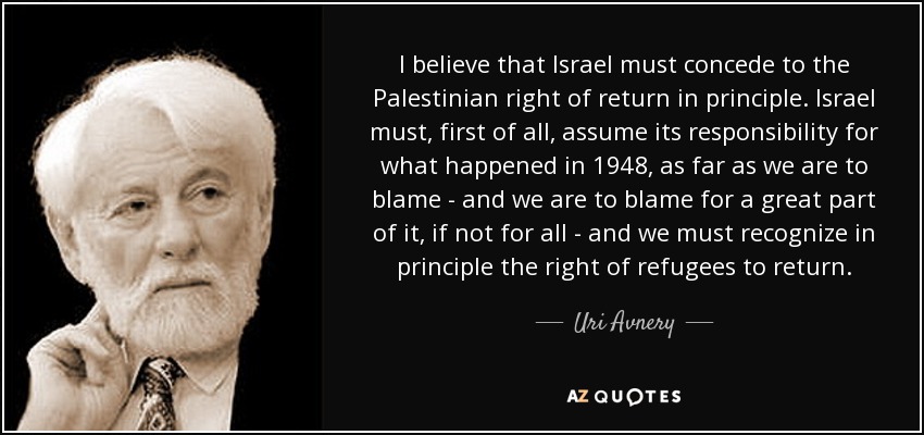 I believe that Israel must concede to the Palestinian right of return in principle. Israel must, first of all, assume its responsibility for what happened in 1948, as far as we are to blame - and we are to blame for a great part of it, if not for all - and we must recognize in principle the right of refugees to return. - Uri Avnery