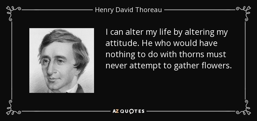 I can alter my life by altering my attitude. He who would have nothing to do with thorns must never attempt to gather flowers. - Henry David Thoreau