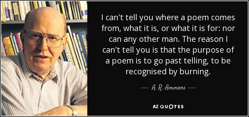I can't tell you where a poem comes from, what it is, or what it is for: nor can any other man. The reason I can't tell you is that the purpose of a poem is to go past telling, to be recognised by burning. - A. R. Ammons