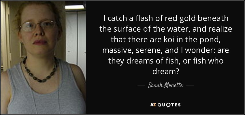 I catch a flash of red-gold beneath the surface of the water, and realize that there are koi in the pond, massive, serene, and I wonder: are they dreams of fish, or fish who dream? - Sarah Monette