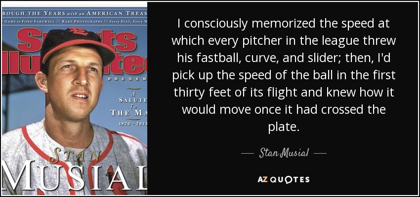 I consciously memorized the speed at which every pitcher in the league threw his fastball, curve, and slider; then, I'd pick up the speed of the ball in the first thirty feet of its flight and knew how it would move once it had crossed the plate. - Stan Musial