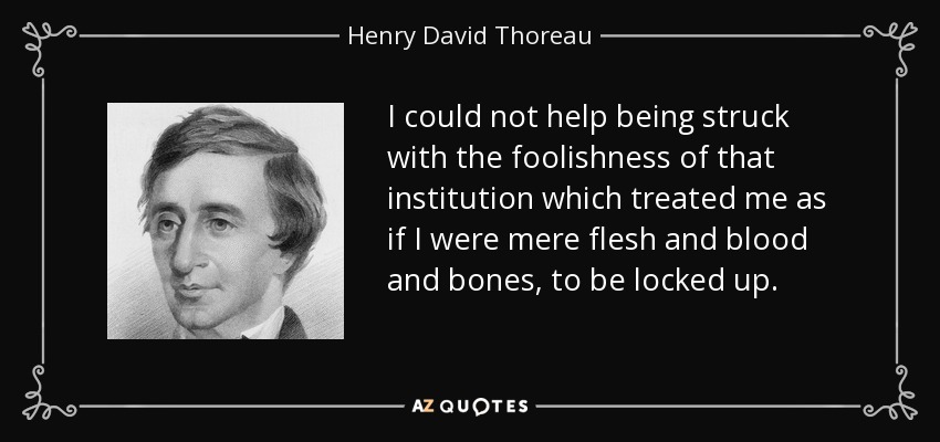 I could not help being struck with the foolishness of that institution which treated me as if I were mere flesh and blood and bones, to be locked up. - Henry David Thoreau