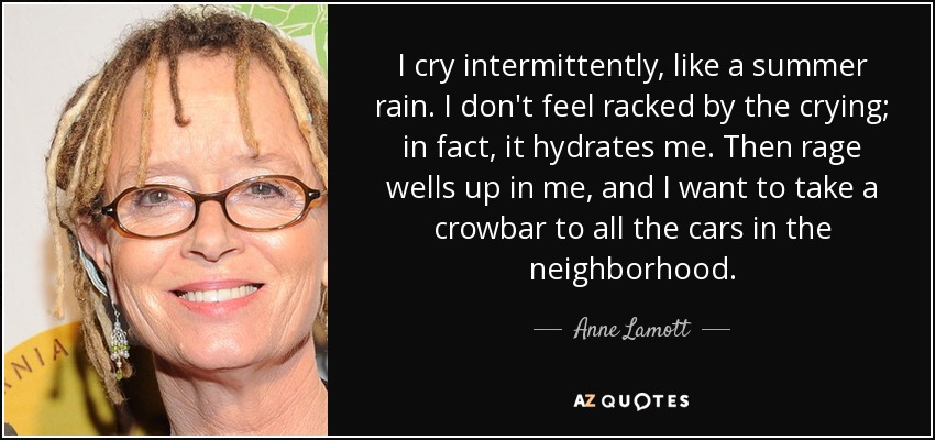 I cry intermittently, like a summer rain. I don't feel racked by the crying; in fact, it hydrates me. Then rage wells up in me, and I want to take a crowbar to all the cars in the neighborhood. - Anne Lamott