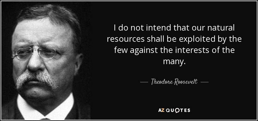 I do not intend that our natural resources shall be exploited by the few against the interests of the many. - Theodore Roosevelt