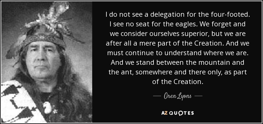I do not see a delegation for the four-footed. I see no seat for the eagles. We forget and we consider ourselves superior, but we are after all a mere part of the Creation. And we must continue to understand where we are. And we stand between the mountain and the ant, somewhere and there only, as part of the Creation. - Oren Lyons