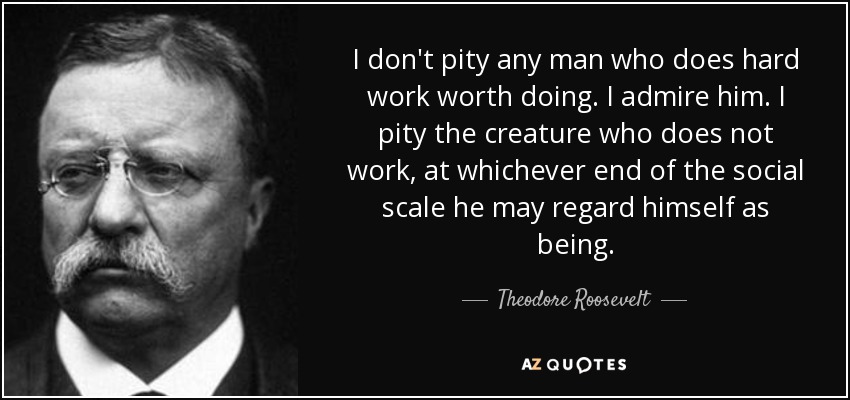 I don't pity any man who does hard work worth doing. I admire him. I pity the creature who does not work, at whichever end of the social scale he may regard himself as being. - Theodore Roosevelt
