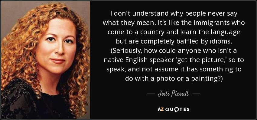 I don't understand why people never say what they mean. It's like the immigrants who come to a country and learn the language but are completely baffled by idioms. (Seriously, how could anyone who isn't a native English speaker 'get the picture,' so to speak, and not assume it has something to do with a photo or a painting?) - Jodi Picoult