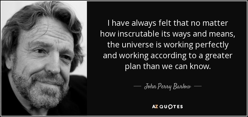 I have always felt that no matter how inscrutable its ways and means, the universe is working perfectly and working according to a greater plan than we can know. - John Perry Barlow