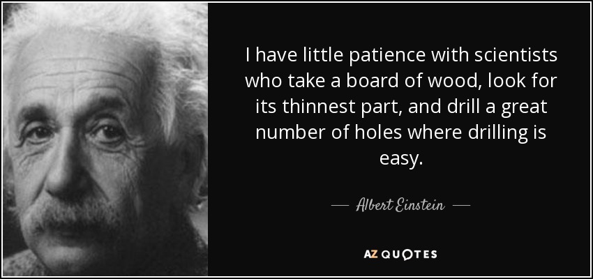 I have little patience with scientists who take a board of wood, look for its thinnest part, and drill a great number of holes where drilling is easy. - Albert Einstein