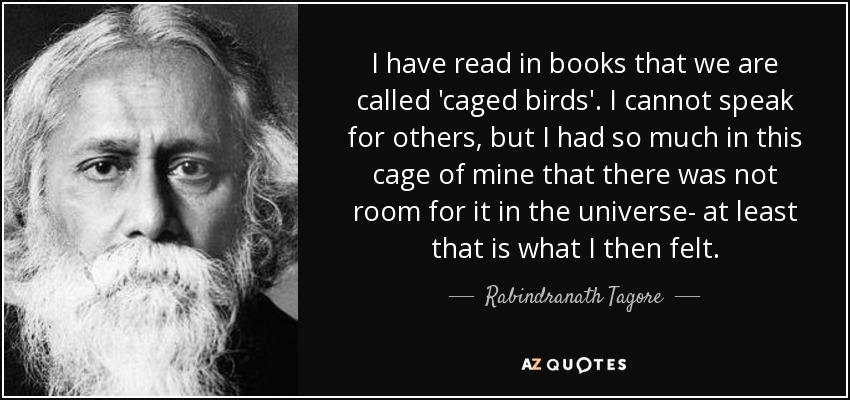 I have read in books that we are called 'caged birds'. I cannot speak for others, but I had so much in this cage of mine that there was not room for it in the universe- at least that is what I then felt. - Rabindranath Tagore