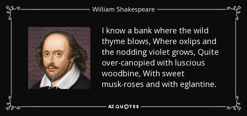 I know a bank where the wild thyme blows, Where oxlips and the nodding violet grows, Quite over-canopied with luscious woodbine, With sweet musk-roses and with eglantine. - William Shakespeare
