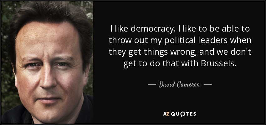 I like democracy. I like to be able to throw out my political leaders when they get things wrong, and we don't get to do that with Brussels. - David Cameron