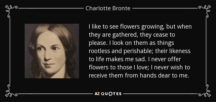 I like to see flowers growing, but when they are gathered, they cease to please. I look on them as things rootless and perishable; their likeness to life makes me sad. I never offer flowers to those I love; I never wish to receive them from hands dear to me. - Charlotte Bronte