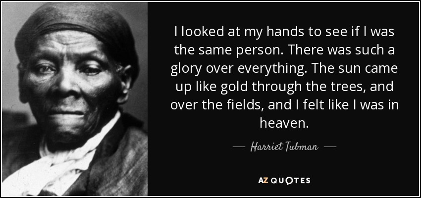 I looked at my hands to see if I was the same person. There was such a glory over everything. The sun came up like gold through the trees, and over the fields, and I felt like I was in heaven. - Harriet Tubman