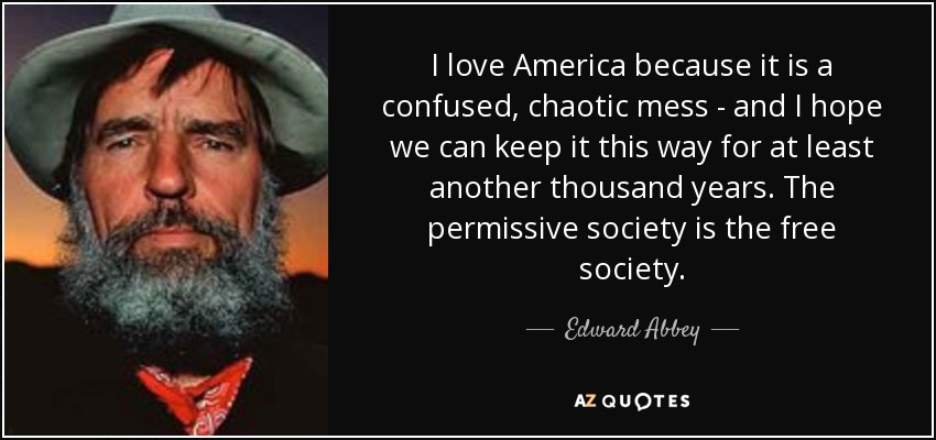 I love America because it is a confused, chaotic mess - and I hope we can keep it this way for at least another thousand years. The permissive society is the free society. - Edward Abbey
