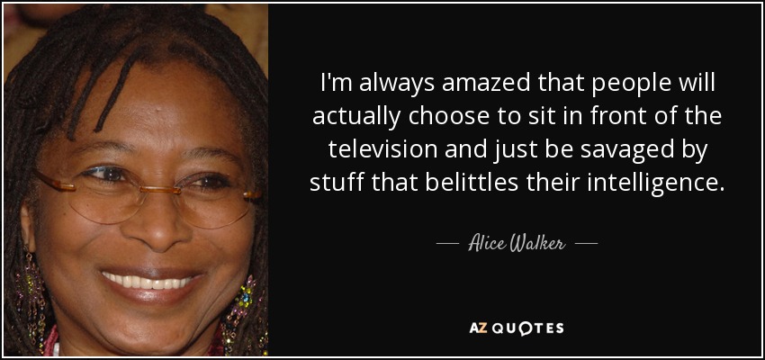 I'm always amazed that people will actually choose to sit in front of the television and just be savaged by stuff that belittles their intelligence. - Alice Walker