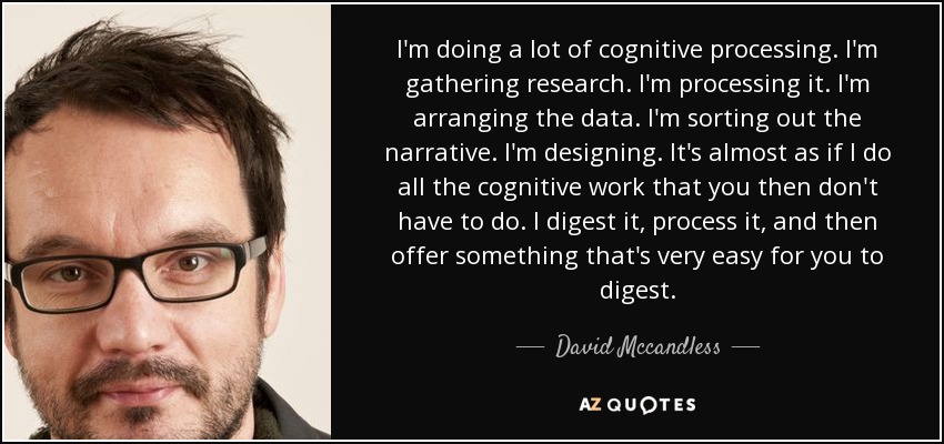 I'm doing a lot of cognitive processing. I'm gathering research. I'm processing it. I'm arranging the data. I'm sorting out the narrative. I'm designing. It's almost as if I do all the cognitive work that you then don't have to do. I digest it, process it, and then offer something that's very easy for you to digest. - David Mccandless