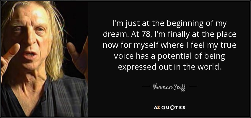 I'm just at the beginning of my dream. At 78, I'm finally at the place now for myself where I feel my true voice has a potential of being expressed out in the world. - Norman Seeff