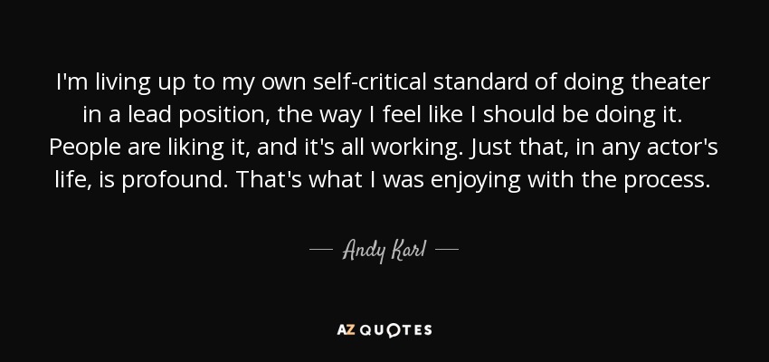 I'm living up to my own self-critical standard of doing theater in a lead position, the way I feel like I should be doing it. People are liking it, and it's all working. Just that, in any actor's life, is profound. That's what I was enjoying with the process. - Andy Karl