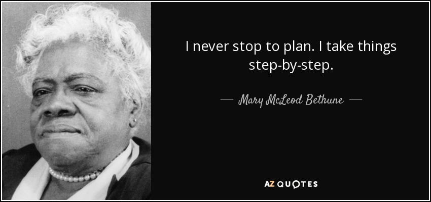 I never stop to plan. I take things step-by-step. - Mary McLeod Bethune