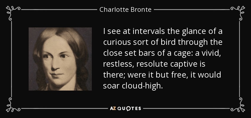 I see at intervals the glance of a curious sort of bird through the close set bars of a cage: a vivid, restless, resolute captive is there; were it but free, it would soar cloud-high. - Charlotte Bronte