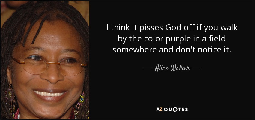 I think it pisses God off if you walk by the color purple in a field somewhere and don't notice it. - Alice Walker