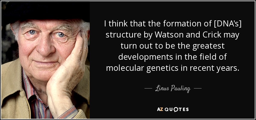 I think that the formation of [DNA's] structure by Watson and Crick may turn out to be the greatest developments in the field of molecular genetics in recent years. - Linus Pauling