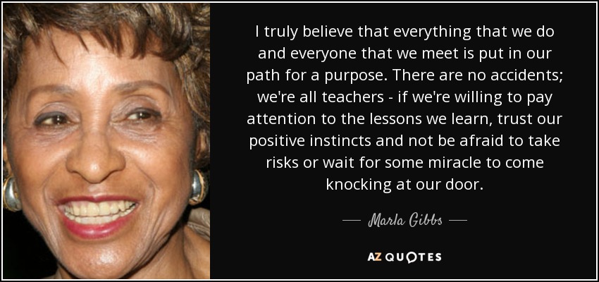 I truly believe that everything that we do and everyone that we meet is put in our path for a purpose. There are no accidents; we're all teachers - if we're willing to pay attention to the lessons we learn, trust our positive instincts and not be afraid to take risks or wait for some miracle to come knocking at our door. - Marla Gibbs