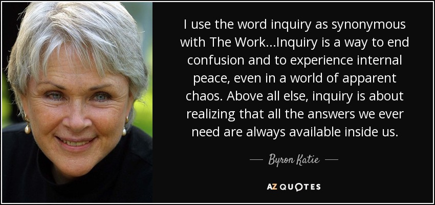 I use the word inquiry as synonymous with The Work...Inquiry is a way to end confusion and to experience internal peace, even in a world of apparent chaos. Above all else, inquiry is about realizing that all the answers we ever need are always available inside us. - Byron Katie