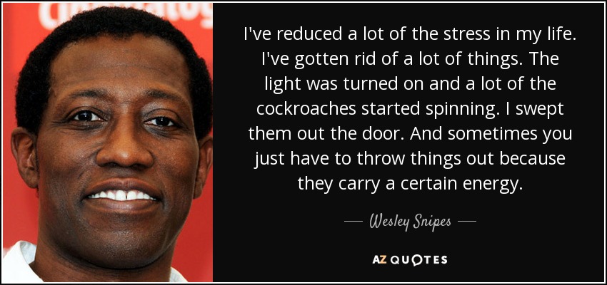 I've reduced a lot of the stress in my life. I've gotten rid of a lot of things. The light was turned on and a lot of the cockroaches started spinning. I swept them out the door. And sometimes you just have to throw things out because they carry a certain energy. - Wesley Snipes