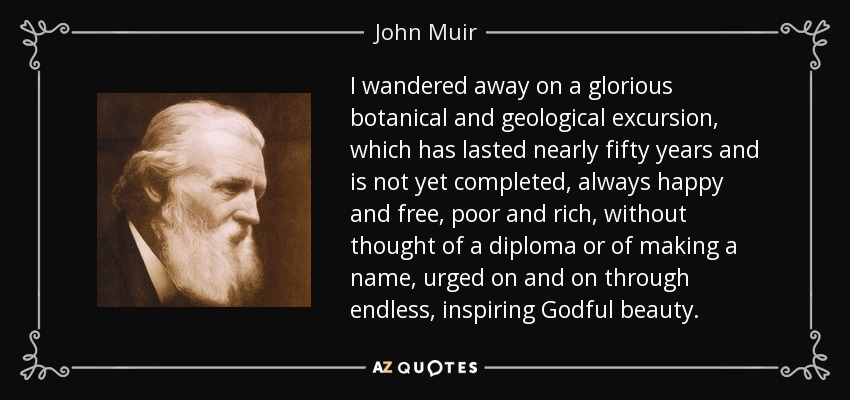 I wandered away on a glorious botanical and geological excursion, which has lasted nearly fifty years and is not yet completed, always happy and free, poor and rich, without thought of a diploma or of making a name, urged on and on through endless, inspiring Godful beauty. - John Muir