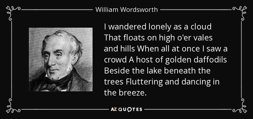 I wandered lonely as a cloud That floats on high o'er vales and hills When all at once I saw a crowd A host of golden daffodils Beside the lake beneath the trees Fluttering and dancing in the breeze. - William Wordsworth
