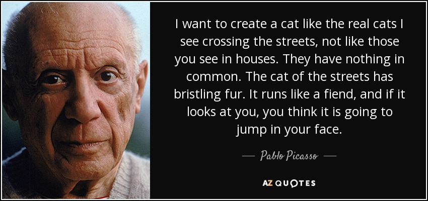 I want to create a cat like the real cats I see crossing the streets, not like those you see in houses. They have nothing in common. The cat of the streets has bristling fur. It runs like a fiend, and if it looks at you, you think it is going to jump in your face. - Pablo Picasso