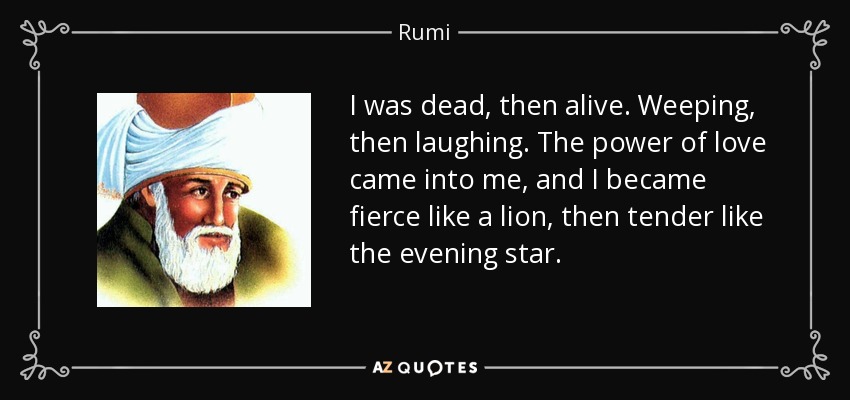 I was dead, then alive. Weeping, then laughing. The power of love came into me, and I became fierce like a lion, then tender like the evening star. - Rumi